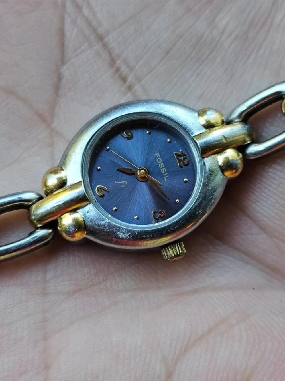 Vintage Fossil F2 Women Wristwatch Blue Face Silver/Gold Dual Tone Quartz Watch